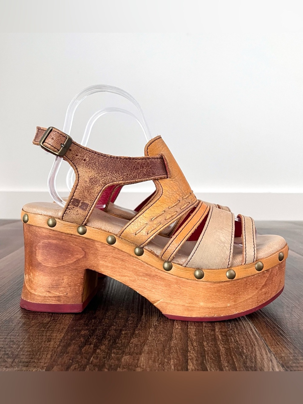 Bed Stu Falabella Leather Platform Sandal Wood Block Heel Studded Size 8.5 Multi